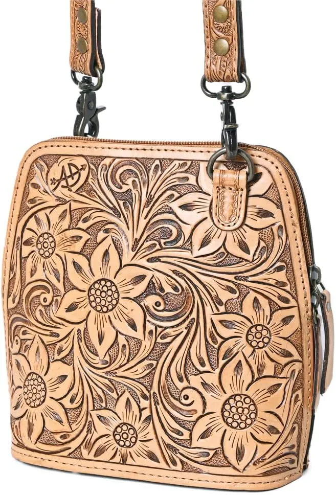 American Darling Cross Body Hand Tooled Genuine Leather women bag western handbag purse, Black
