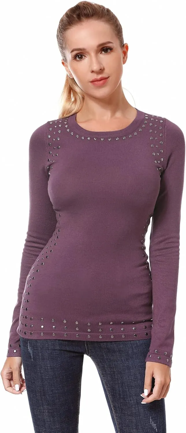 AmélieBoutik Women Crew Neck Studs Trim Embellished Long Sleeve Sweater
