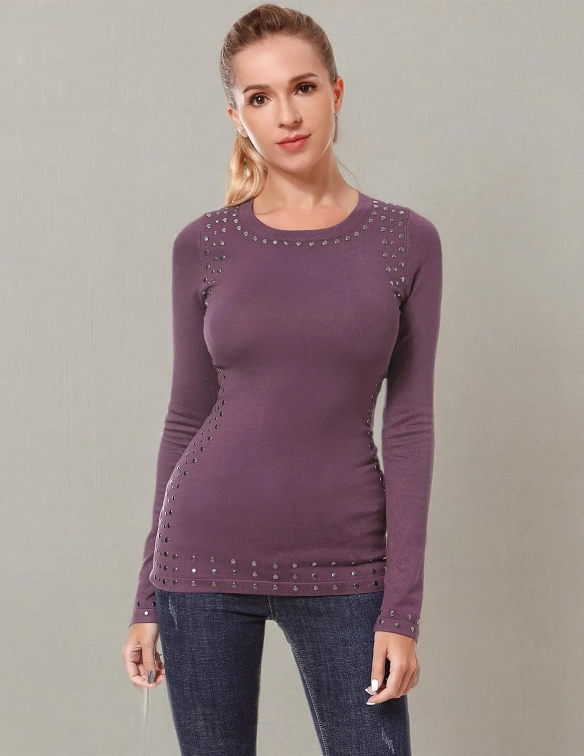 AmélieBoutik Women Crew Neck Studs Trim Embellished Long Sleeve Sweater