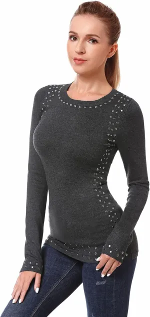 AmélieBoutik Women Crew Neck Studs Trim Embellished Long Sleeve Sweater