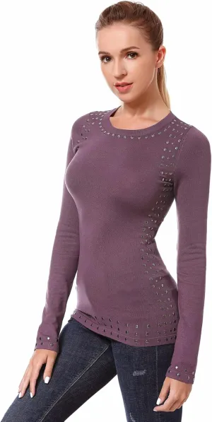 AmélieBoutik Women Crew Neck Studs Trim Embellished Long Sleeve Sweater
