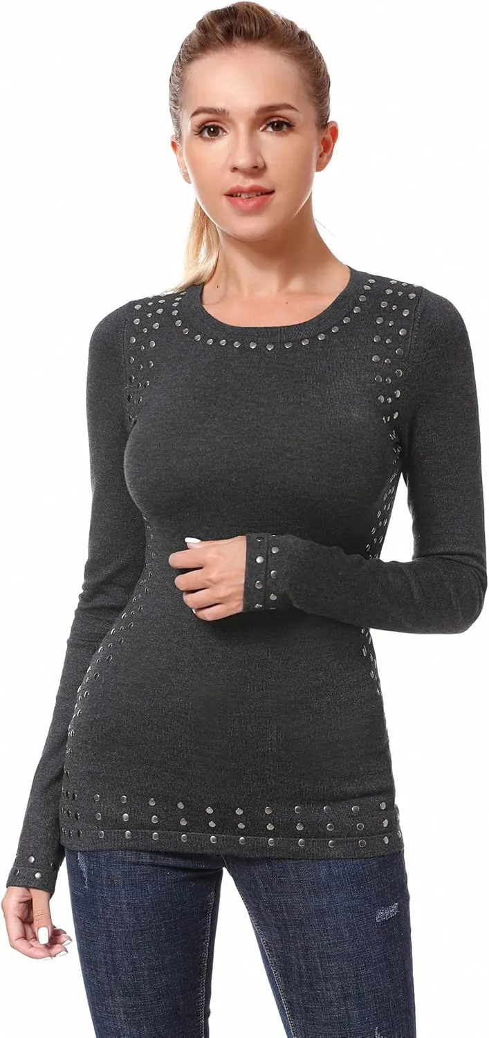AmélieBoutik Women Crew Neck Studs Trim Embellished Long Sleeve Sweater