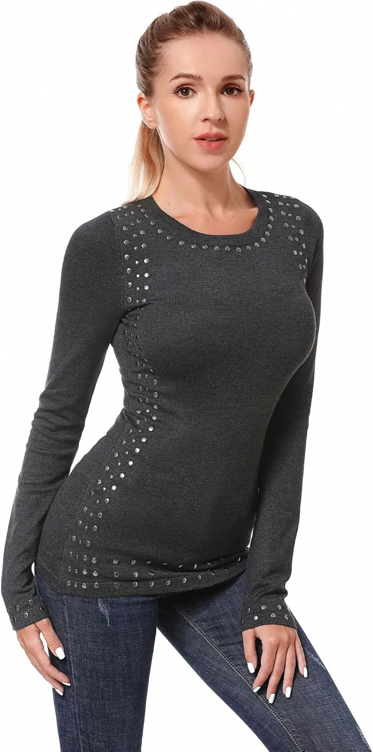 AmélieBoutik Women Crew Neck Studs Trim Embellished Long Sleeve Sweater