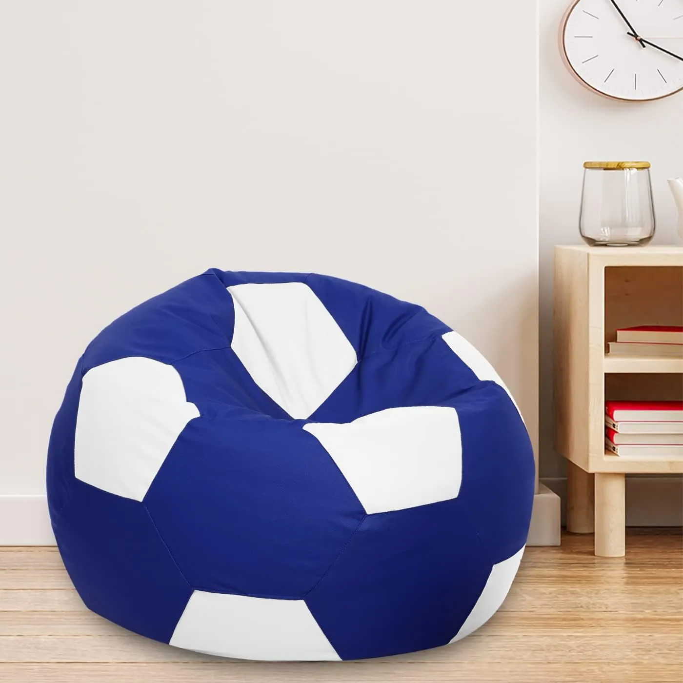 Ample Decor Soccer Bean Bag Cover (Filler Not Included), Leatherette Durable Double Stitched Material Sturdy Zippers, Ideal for Children and Teenagers - White and Blue