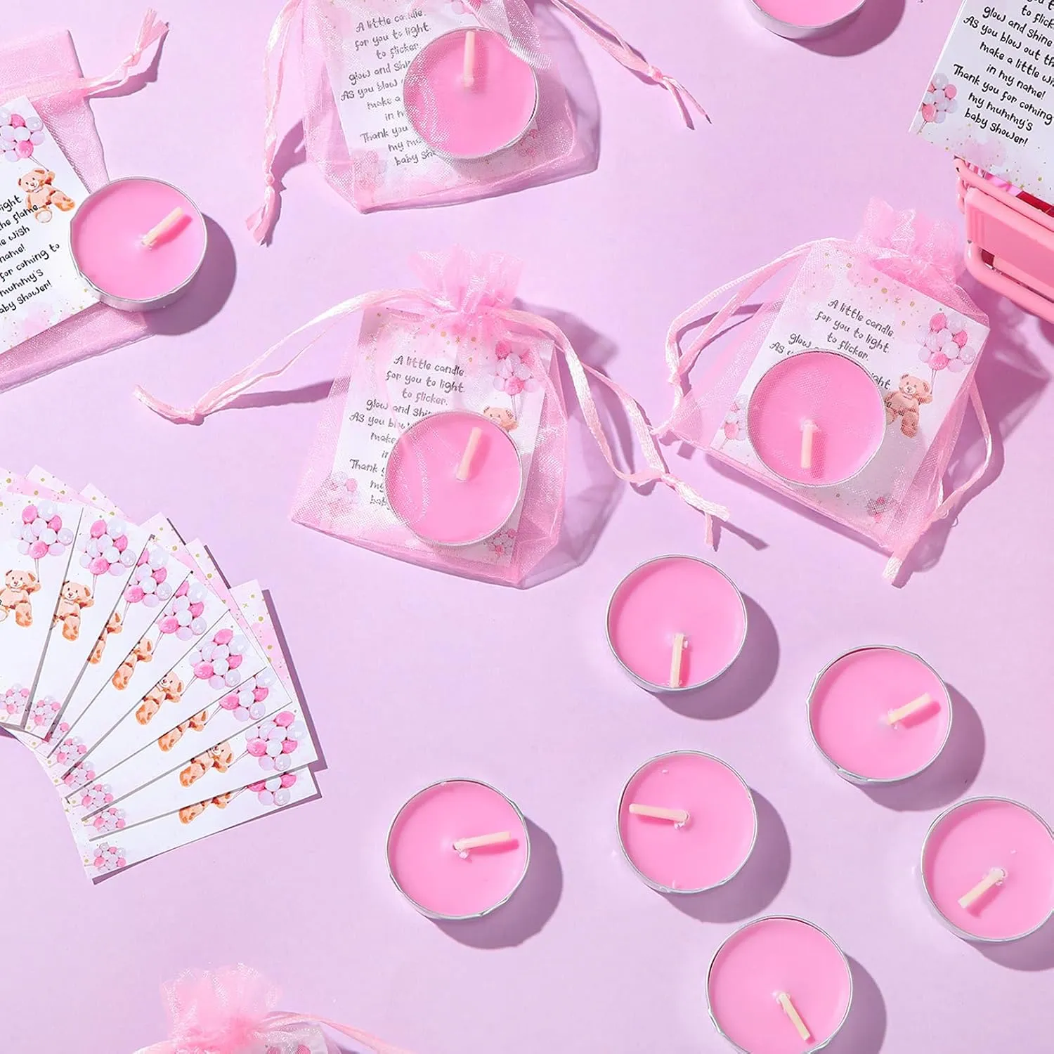 Amyhill 100 Set Bear Baby Shower Party Favors Gift Includes Unscented Pink Tealight Candles Gender Reveal Gift Candles Baby Shower Cards and Organza Bags for Guests Friend Gender Reveal Party