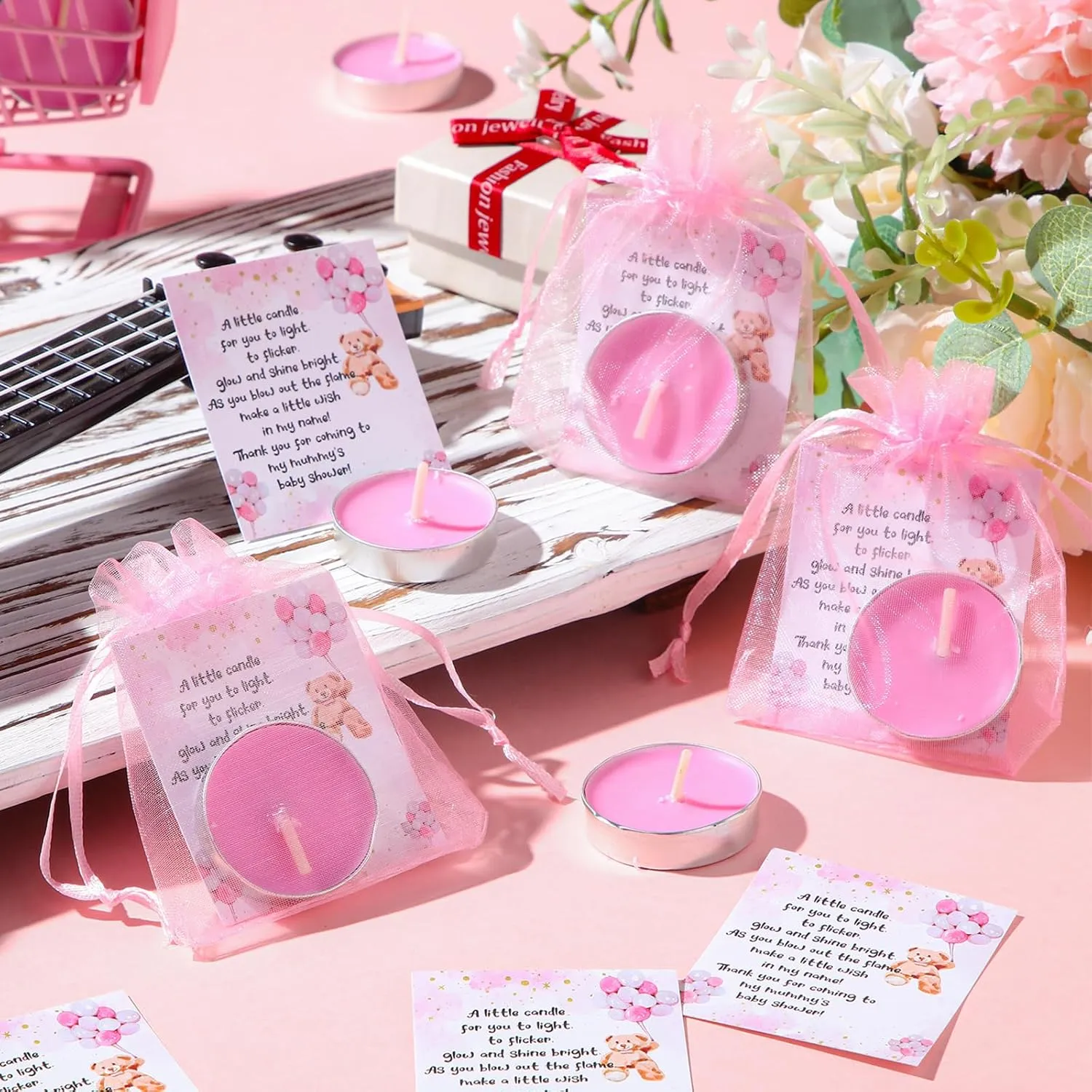 Amyhill 100 Set Bear Baby Shower Party Favors Gift Includes Unscented Pink Tealight Candles Gender Reveal Gift Candles Baby Shower Cards and Organza Bags for Guests Friend Gender Reveal Party