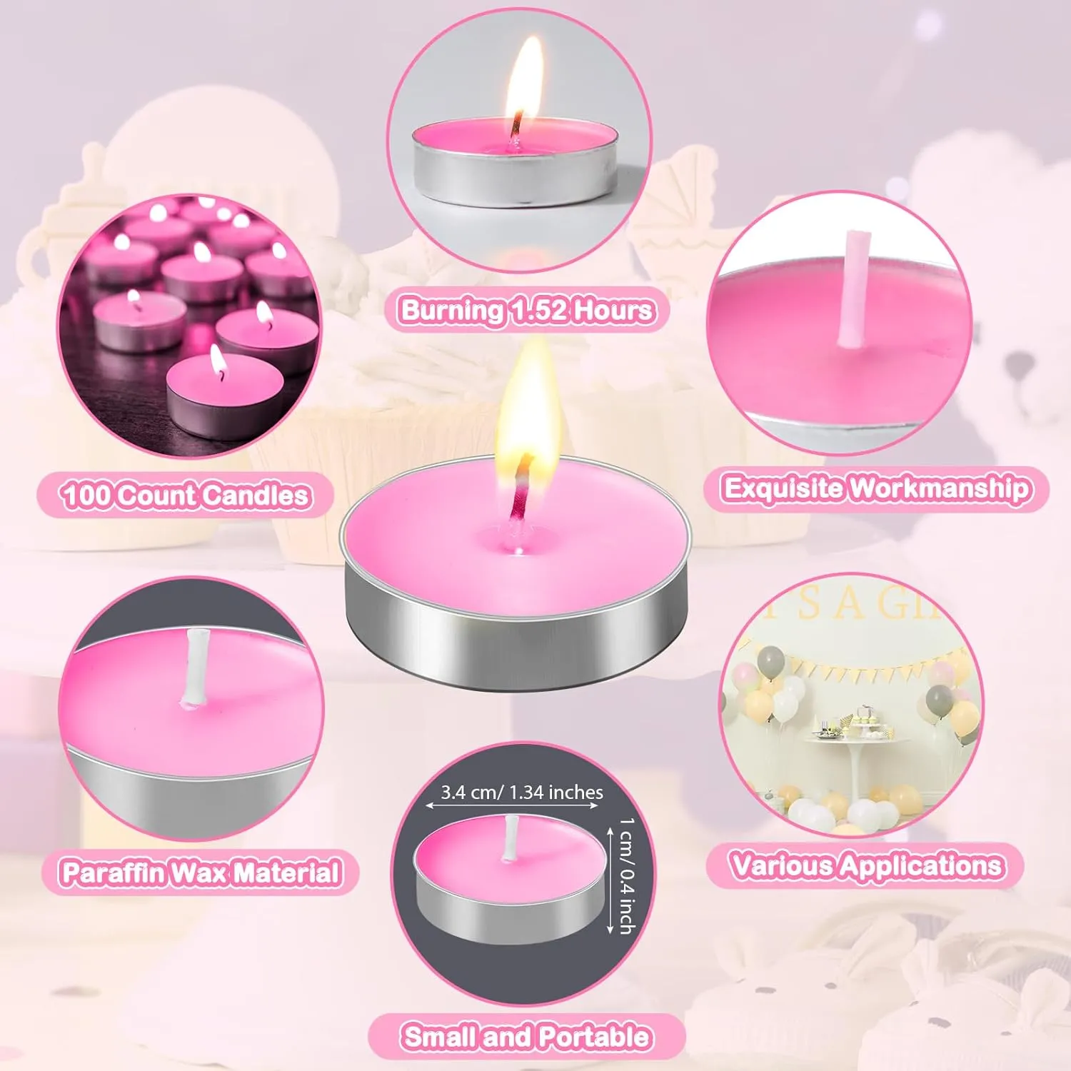 Amyhill 100 Set Bear Baby Shower Party Favors Gift Includes Unscented Pink Tealight Candles Gender Reveal Gift Candles Baby Shower Cards and Organza Bags for Guests Friend Gender Reveal Party