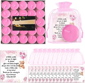 Amyhill 100 Set Bear Baby Shower Party Favors Gift Includes Unscented Pink Tealight Candles Gender Reveal Gift Candles Baby Shower Cards and Organza Bags for Guests Friend Gender Reveal Party