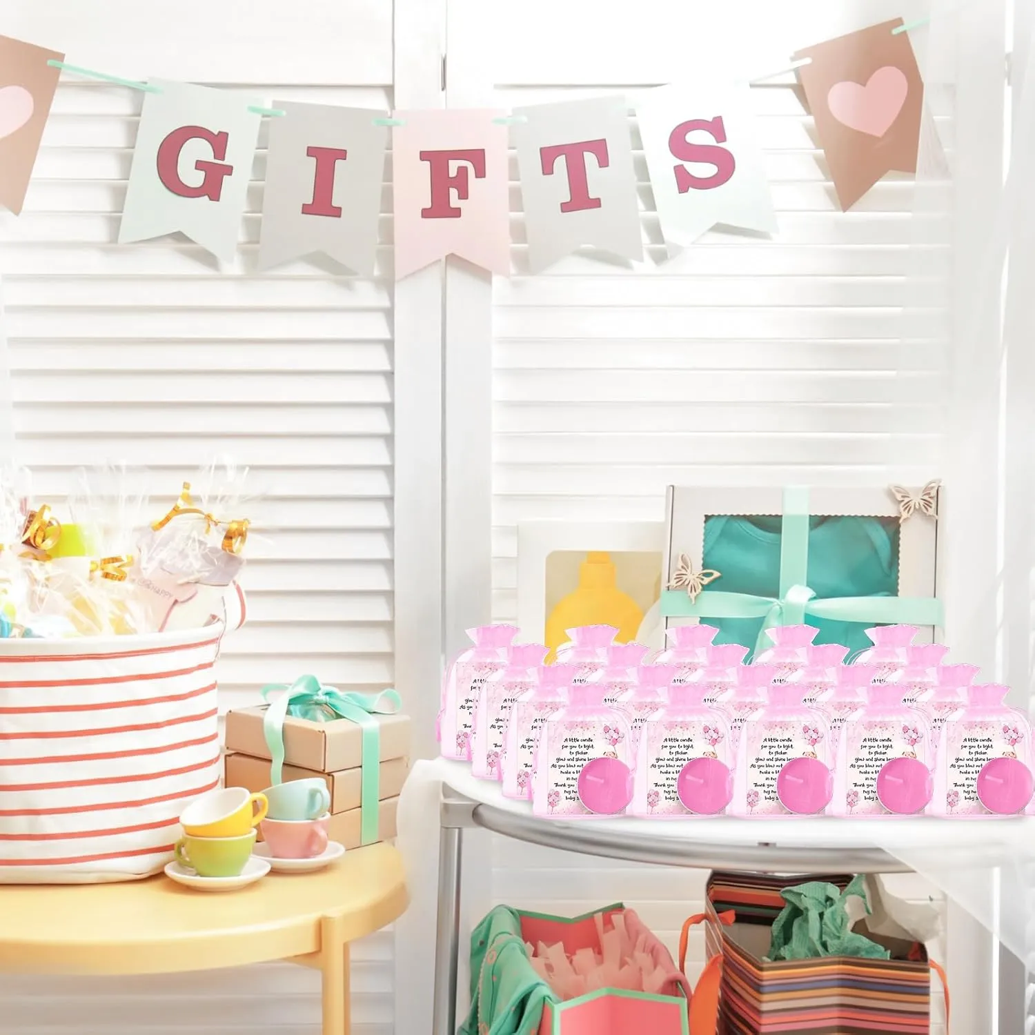 Amyhill 100 Set Bear Baby Shower Party Favors Gift Includes Unscented Pink Tealight Candles Gender Reveal Gift Candles Baby Shower Cards and Organza Bags for Guests Friend Gender Reveal Party