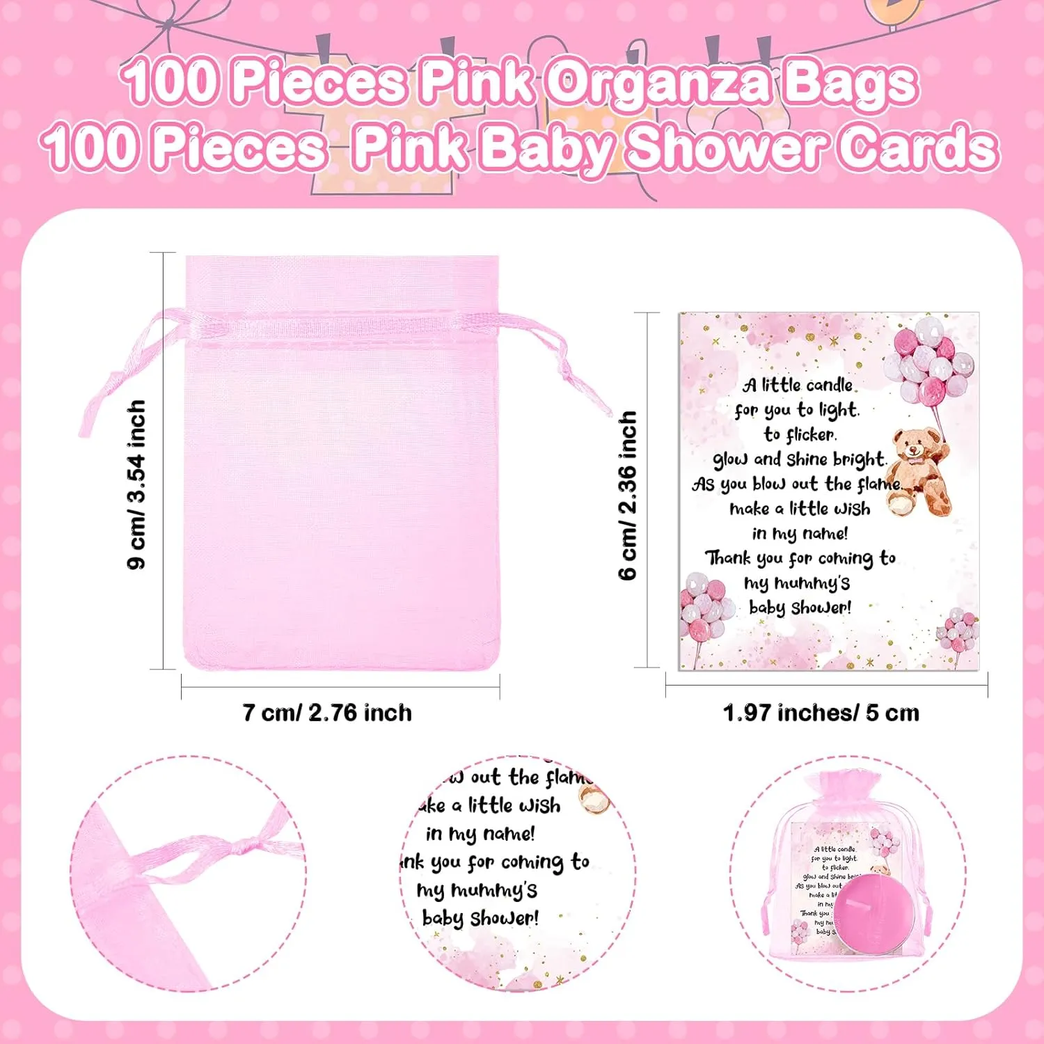 Amyhill 100 Set Bear Baby Shower Party Favors Gift Includes Unscented Pink Tealight Candles Gender Reveal Gift Candles Baby Shower Cards and Organza Bags for Guests Friend Gender Reveal Party