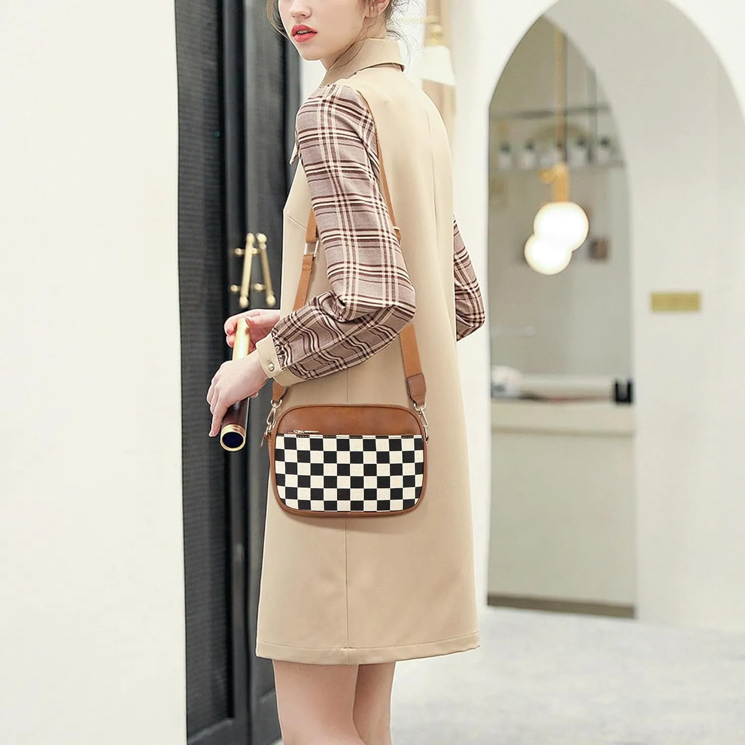 ARGINAO quliting seam Crossbody Bag for Women Vegan Leather Shoulder Bag with Embroidered Strap