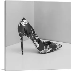 ARTCANVAS Black White Modern High Heels Shoe Stiletto Flower Pattern Canvas Art Print Stretched Framed Painting Picture Poster Giclee Wall Decor - 12" x 12" (1.50" Deep)