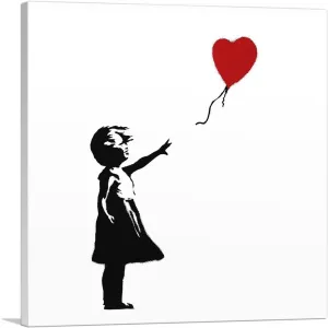 ARTCANVAS Girl with Balloon (white background Square) Canvas Art Print Stretched Framed Painting Picture Poster Giclee Wall Decor by Banksy - 18" x 18" (0.75" Deep)