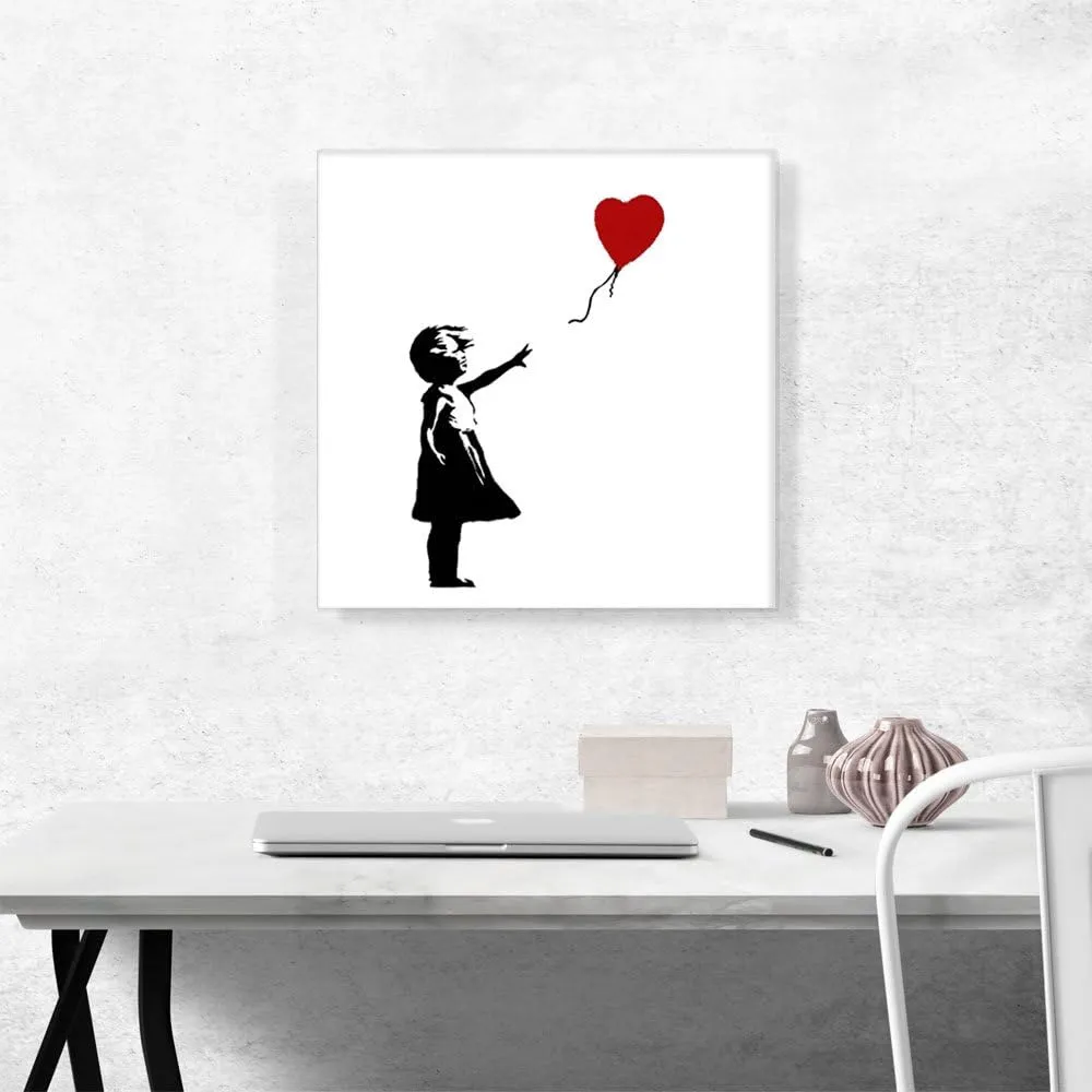 ARTCANVAS Girl with Balloon (white background Square) Canvas Art Print Stretched Framed Painting Picture Poster Giclee Wall Decor by Banksy - 18" x 18" (0.75" Deep)
