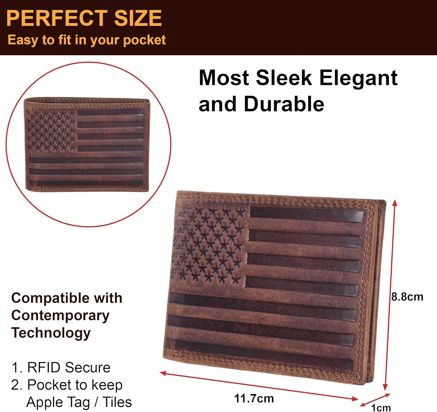 ASAD Genuine Leather Wallet for Men | Slim, Stylish, Genuine Leather Double Stitched RFID Blocking Bifold Stylish | Bifold Wallet With 8 Card Slot | Gift for Him | Crazy Horse With American Flag