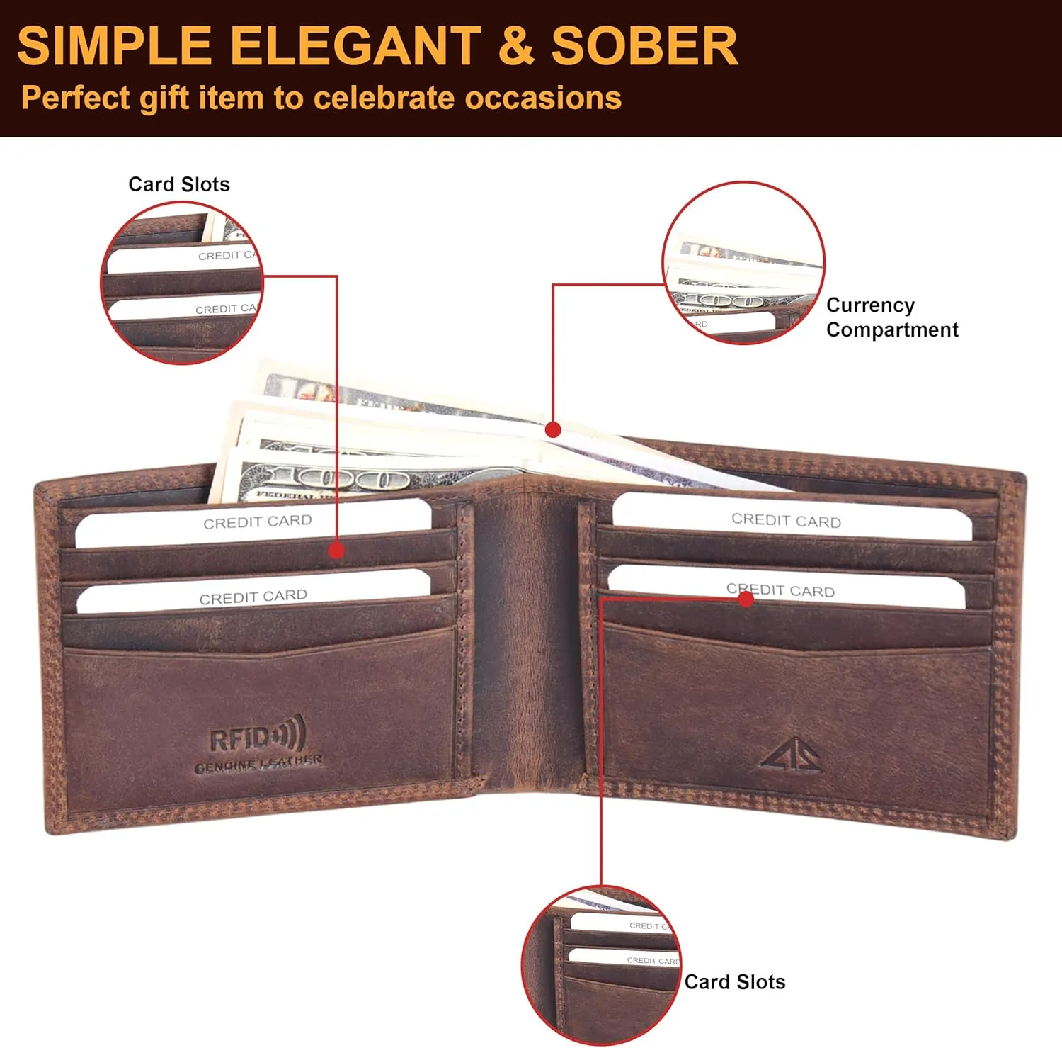 ASAD Genuine Leather Wallet for Men | Slim, Stylish, Genuine Leather Double Stitched RFID Blocking Bifold Stylish | Bifold Wallet With 8 Card Slot | Gift for Him | Crazy Horse With American Flag