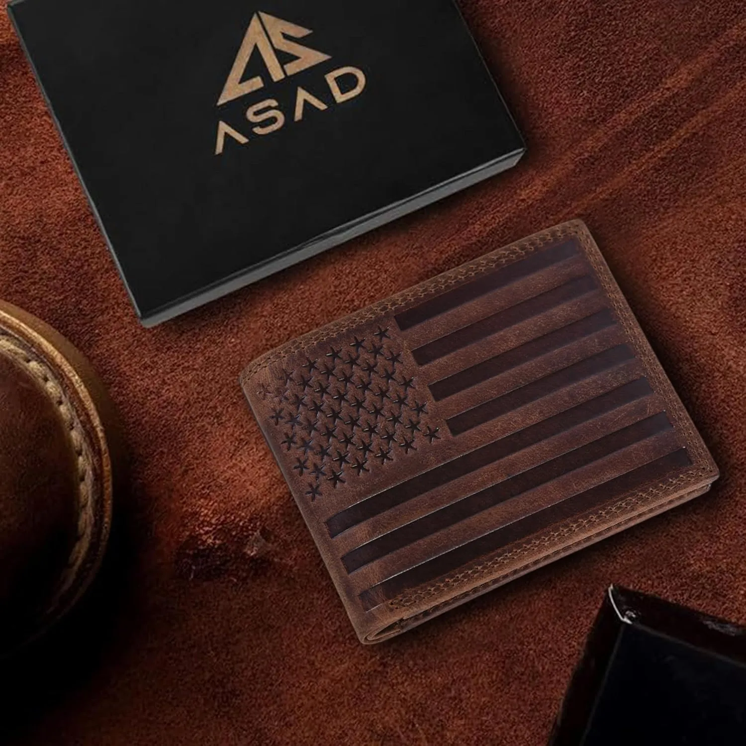 ASAD Genuine Leather Wallet for Men | Slim, Stylish, Genuine Leather Double Stitched RFID Blocking Bifold Stylish | Bifold Wallet With 8 Card Slot | Gift for Him | Crazy Horse With American Flag