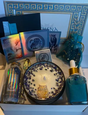 Athena altar ritual set with lapis lazuli (perfume oil, incense cones, soy candle, salt, sticker art, mini spoon) Greek goddess