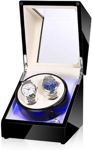 Automatic Watch Winder Box Black Watch Winder Box for Double Automatic Watches, Automatic Winder Case, with Blue LED Light, Super Quiet Motor