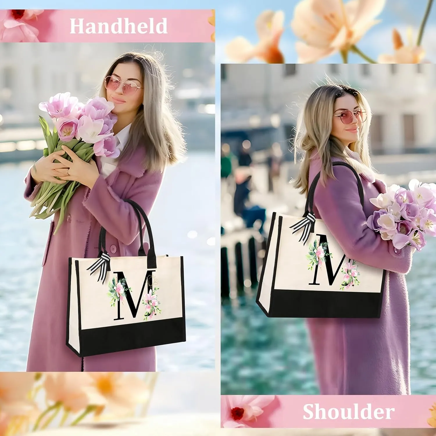 AYGE Personalized Initial Canvas Beach Bag Cosmetic Bags, Monogrammed Gifts for Women, Tote Bag, Makeup Bag, Birthday Gifts for Sister Mom Teacher Bridesmaid (M)