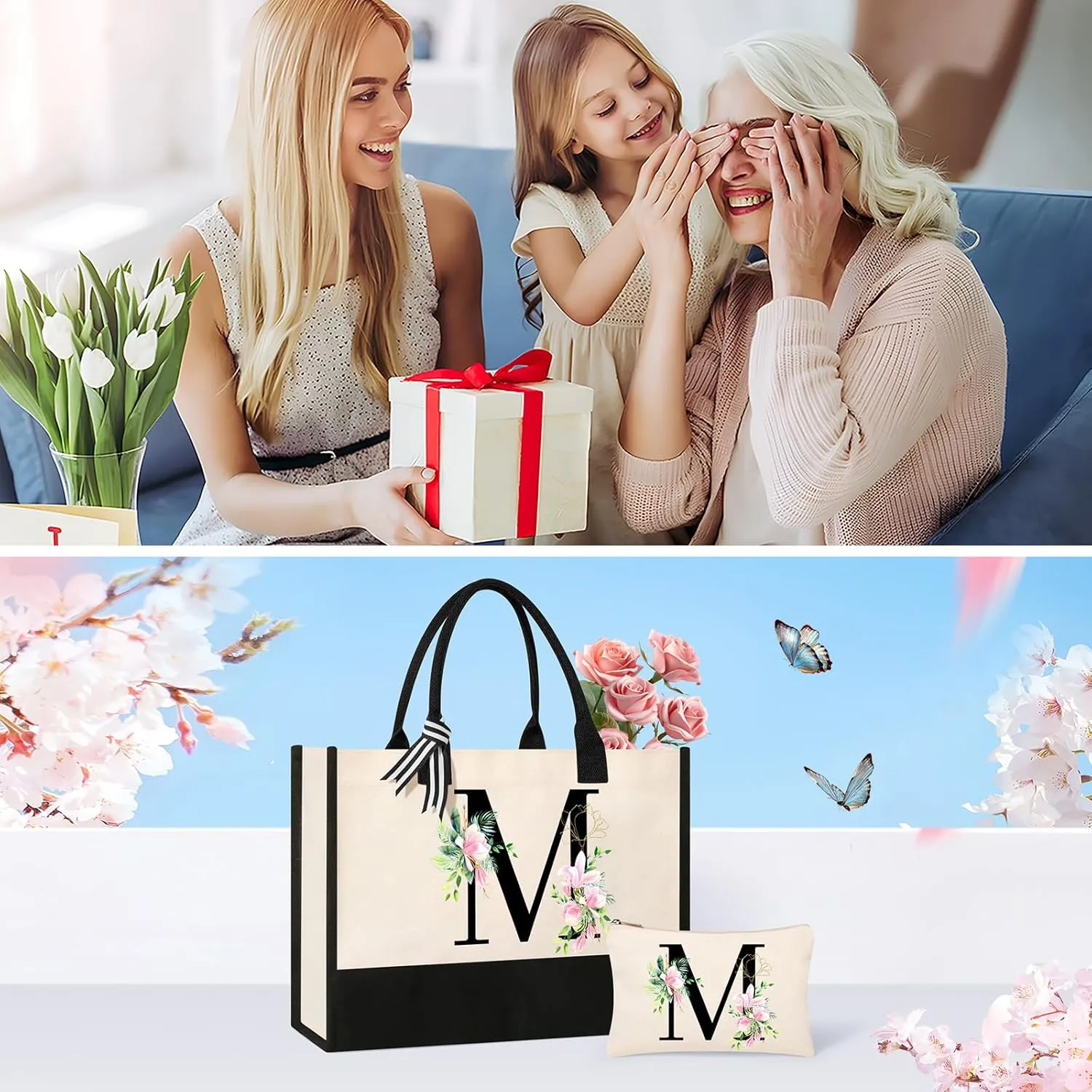 AYGE Personalized Initial Canvas Beach Bag Cosmetic Bags, Monogrammed Gifts for Women, Tote Bag, Makeup Bag, Birthday Gifts for Sister Mom Teacher Bridesmaid (M)