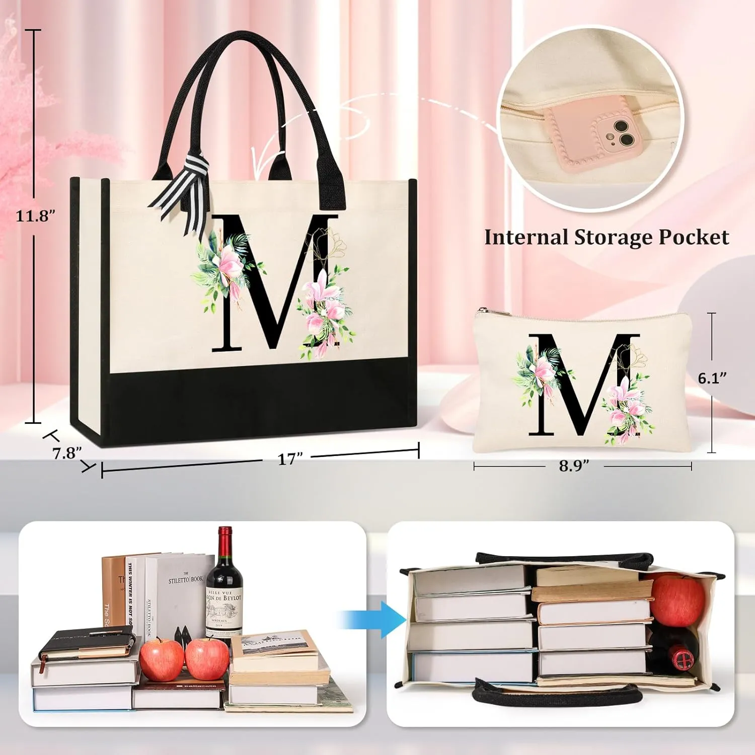 AYGE Personalized Initial Canvas Beach Bag Cosmetic Bags, Monogrammed Gifts for Women, Tote Bag, Makeup Bag, Birthday Gifts for Sister Mom Teacher Bridesmaid (M)