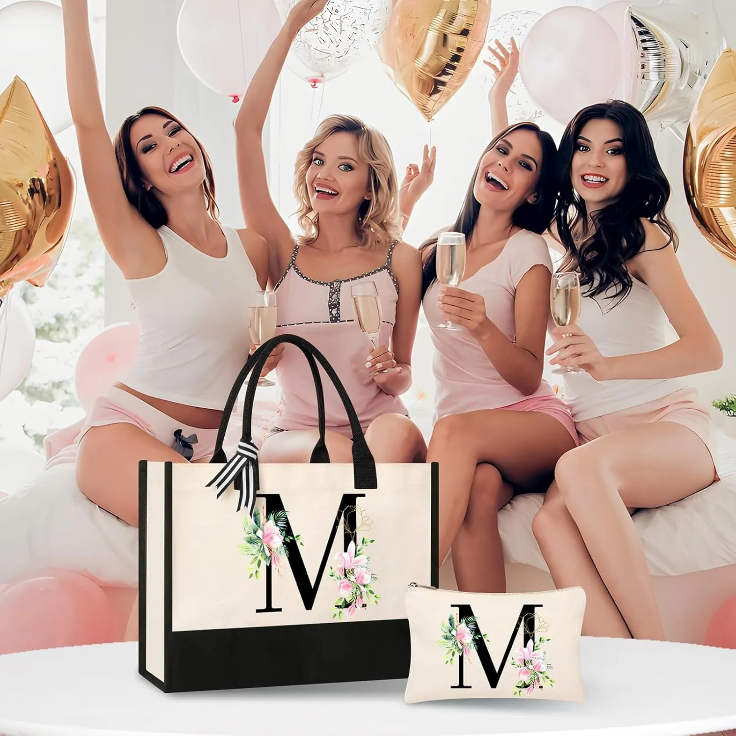 AYGE Personalized Initial Canvas Beach Bag Cosmetic Bags, Monogrammed Gifts for Women, Tote Bag, Makeup Bag, Birthday Gifts for Sister Mom Teacher Bridesmaid (M)