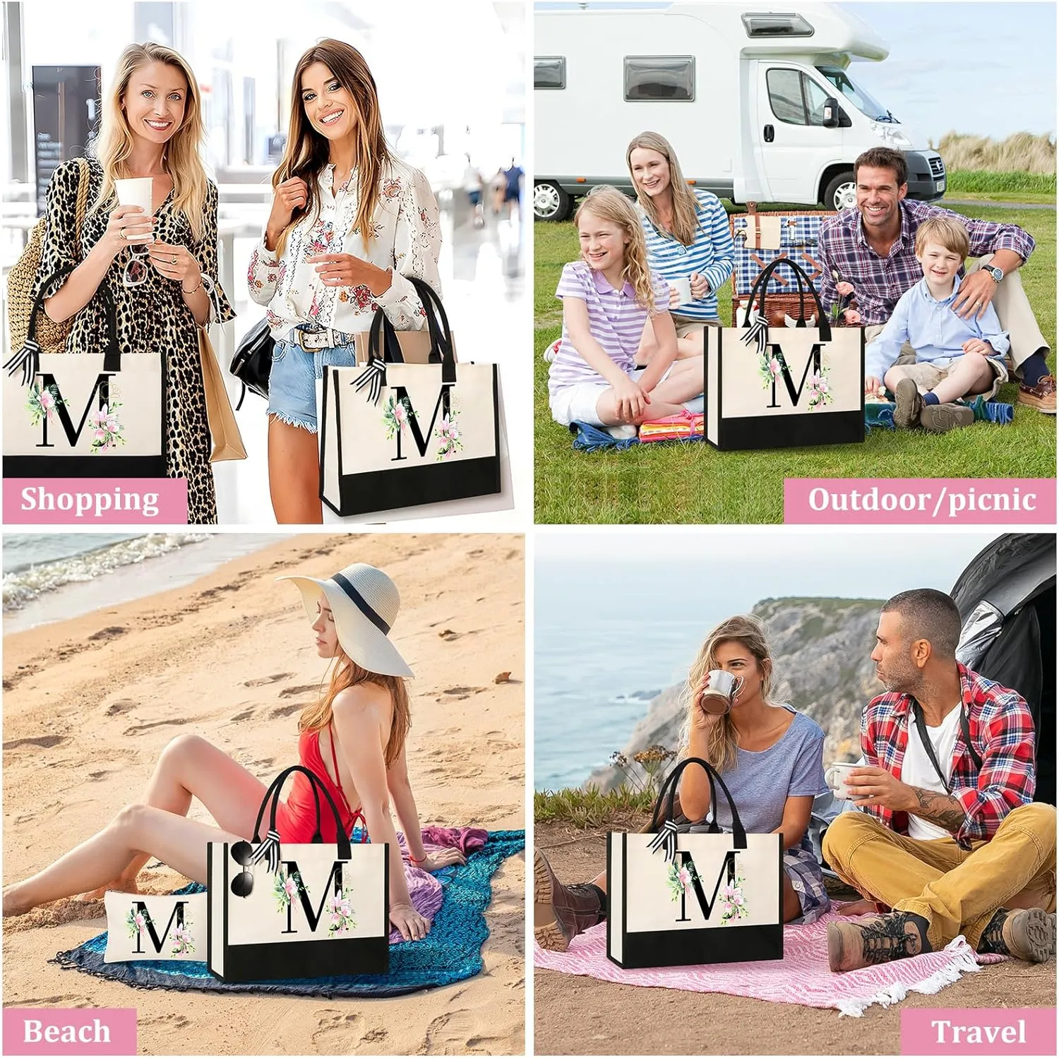 AYGE Personalized Initial Canvas Beach Bag Cosmetic Bags, Monogrammed Gifts for Women, Tote Bag, Makeup Bag, Birthday Gifts for Sister Mom Teacher Bridesmaid (M)