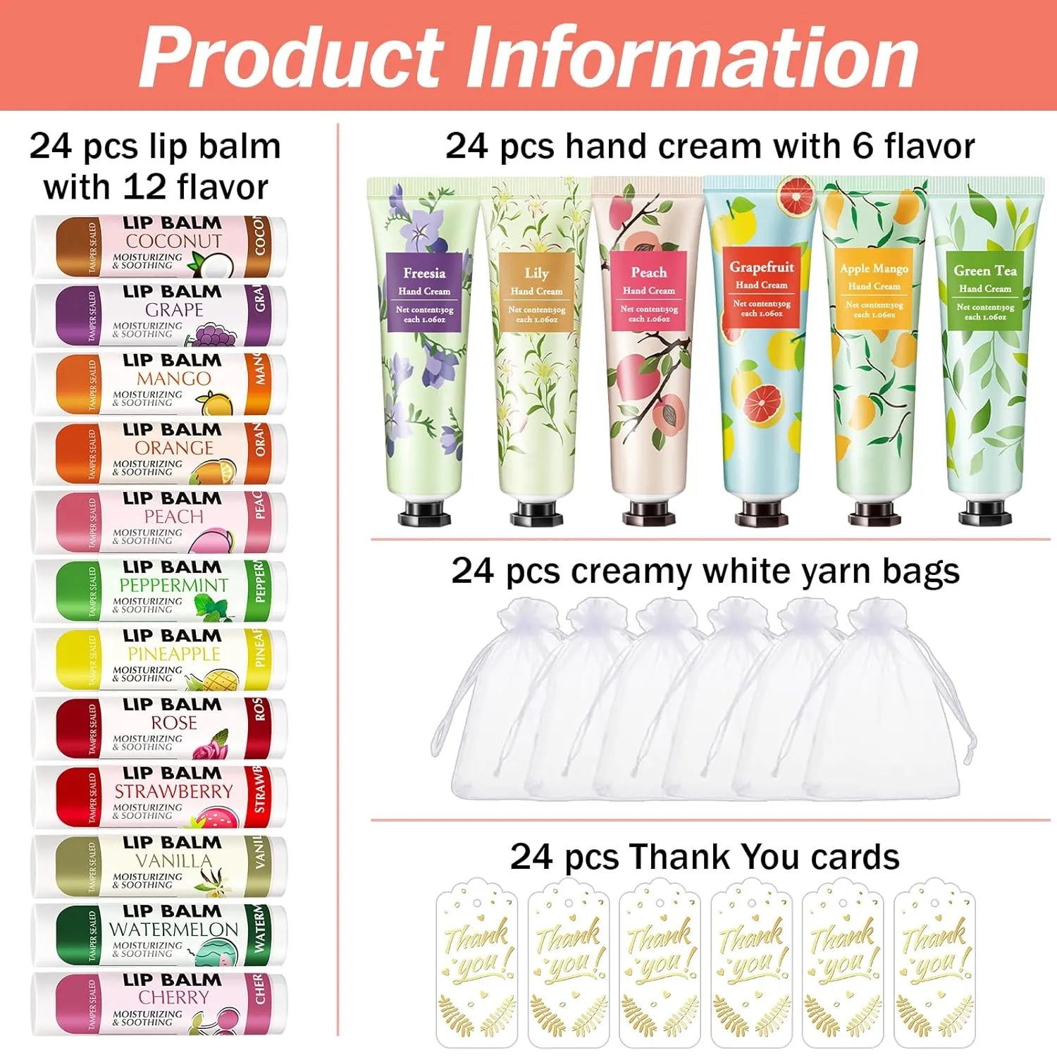 AZEN 24 Sets Hand Cream and Lip Balm Set with Organza Bag Thank You Card, Baby Shower Wedding Gifts for Guests, Bridal Souvenirs for Colleagues Employee Coworkers, Party Favor for Female Friends