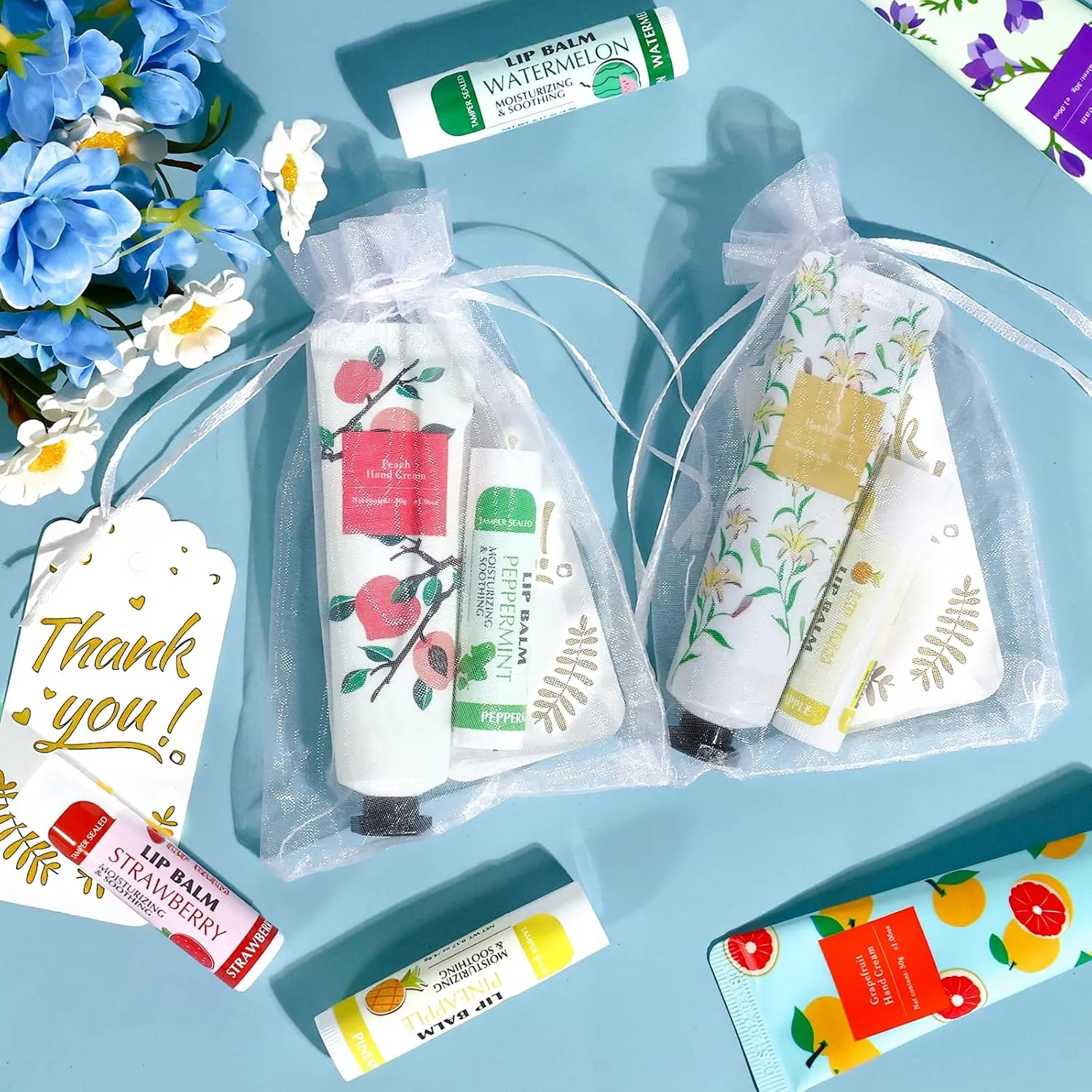 AZEN 24 Sets Hand Cream and Lip Balm Set with Organza Bag Thank You Card, Baby Shower Wedding Gifts for Guests, Bridal Souvenirs for Colleagues Employee Coworkers, Party Favor for Female Friends