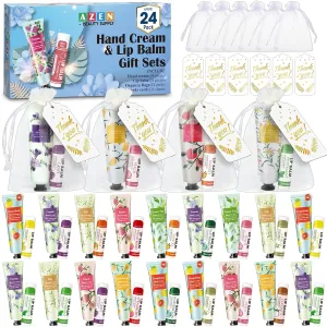 AZEN 24 Sets Hand Cream and Lip Balm Set with Organza Bag Thank You Card, Baby Shower Wedding Gifts for Guests, Bridal Souvenirs for Colleagues Employee Coworkers, Party Favor for Female Friends