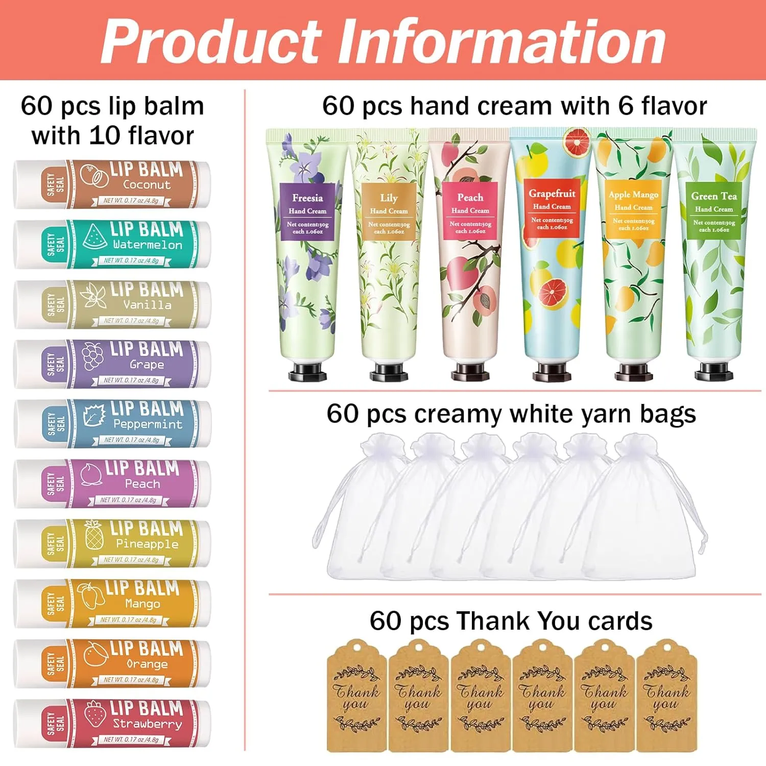 AZEN 60 Sets Hand Cream and Lip Balm Set with Organza Bag Thank You Card, Baby Shower Wedding Gifts for Guests, Bridal Souvenirs for Colleagues Employee Coworkers, Party Favor for Female Friends