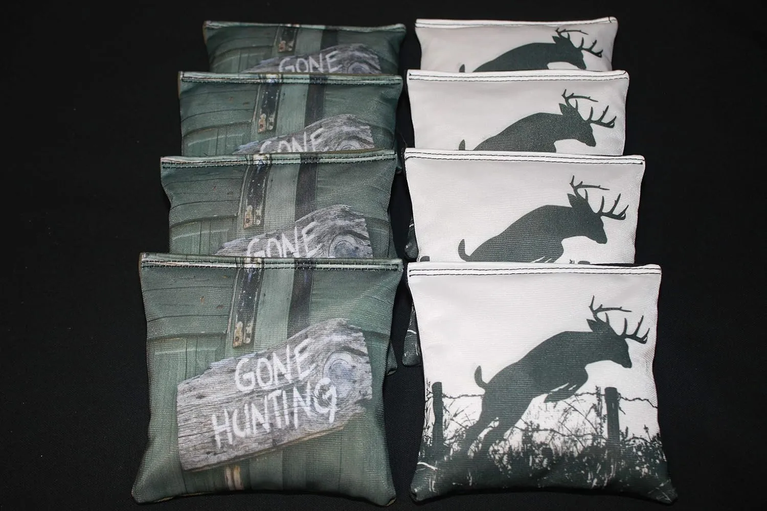 BackYardGamesUSA Deer Gone Hunting - All Weather or Corn Filled Cornhole Bags - Set of 8 Regulation Size Duck Canvas Cornhole Toss Bean Bags