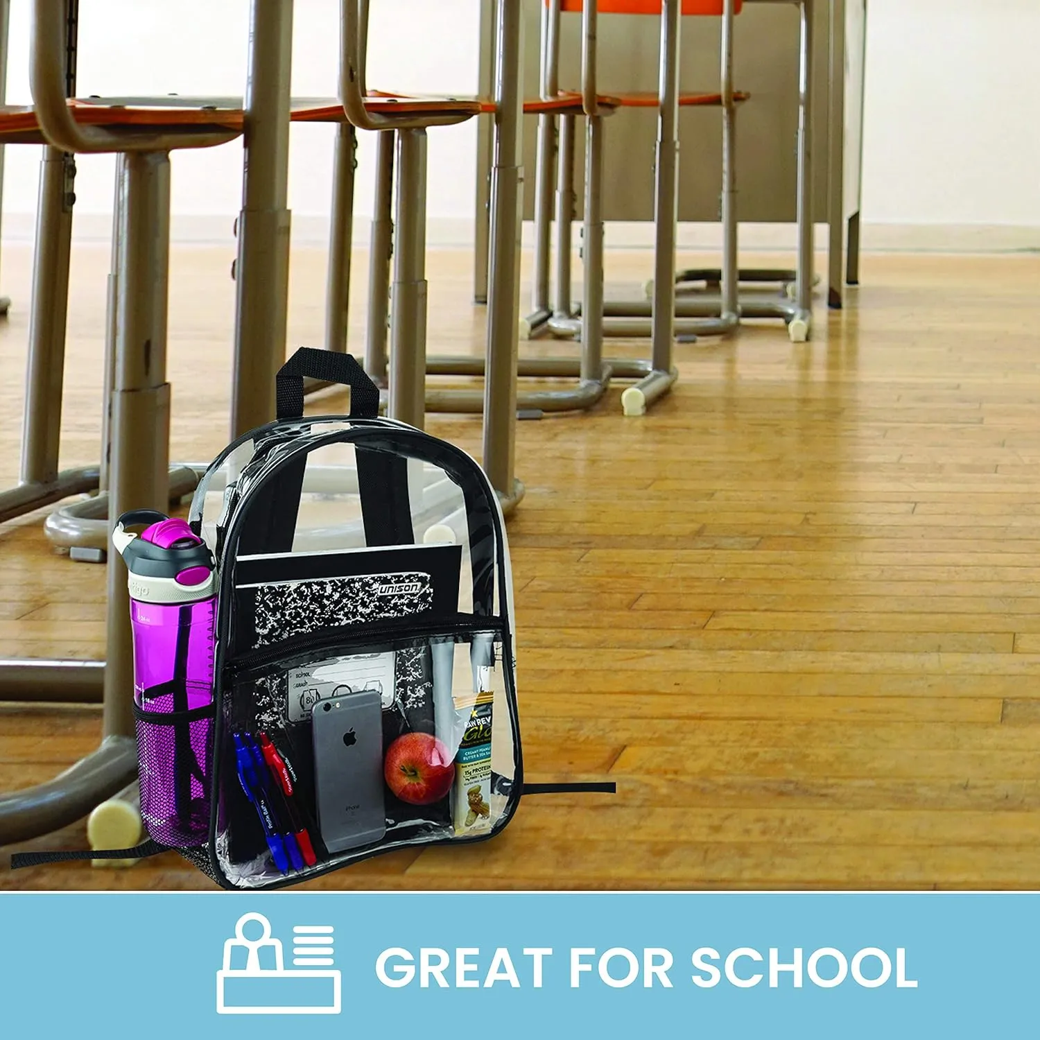Bags for Less Clear Backpack - Security Approved - Straps & Front Accessory Pocket (Clear With Black Trim, 1)