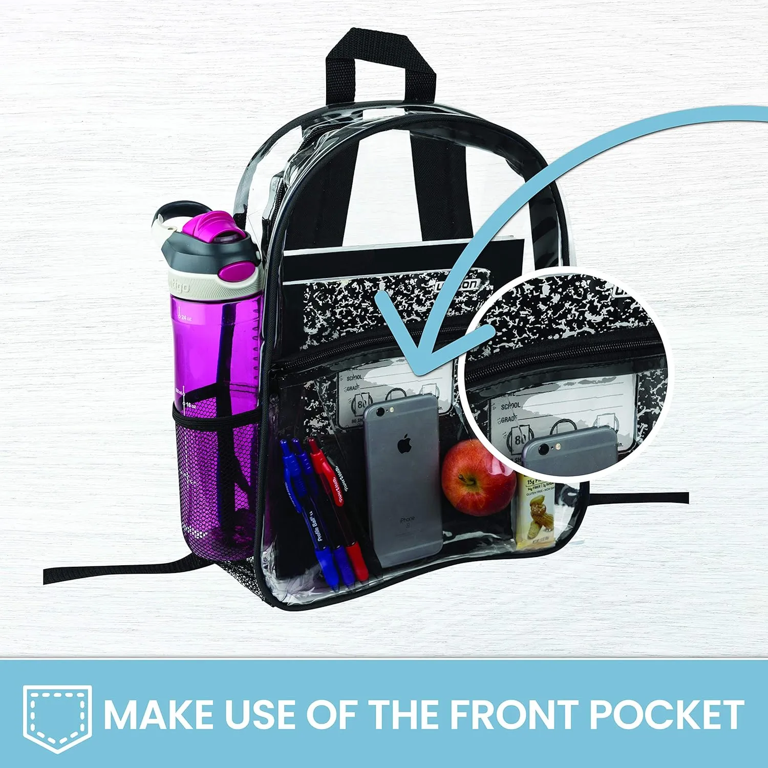 Bags for Less Clear Backpack - Security Approved - Straps & Front Accessory Pocket (Clear With Black Trim, 1)