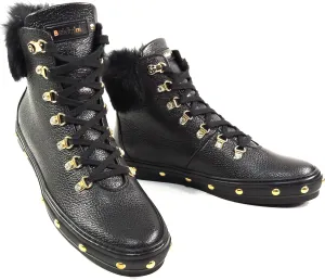 Baldinini Women's Black Leather Winter Boots, Fur Trim, Gold Studs, Lace-up Comfort Booties 39 EU