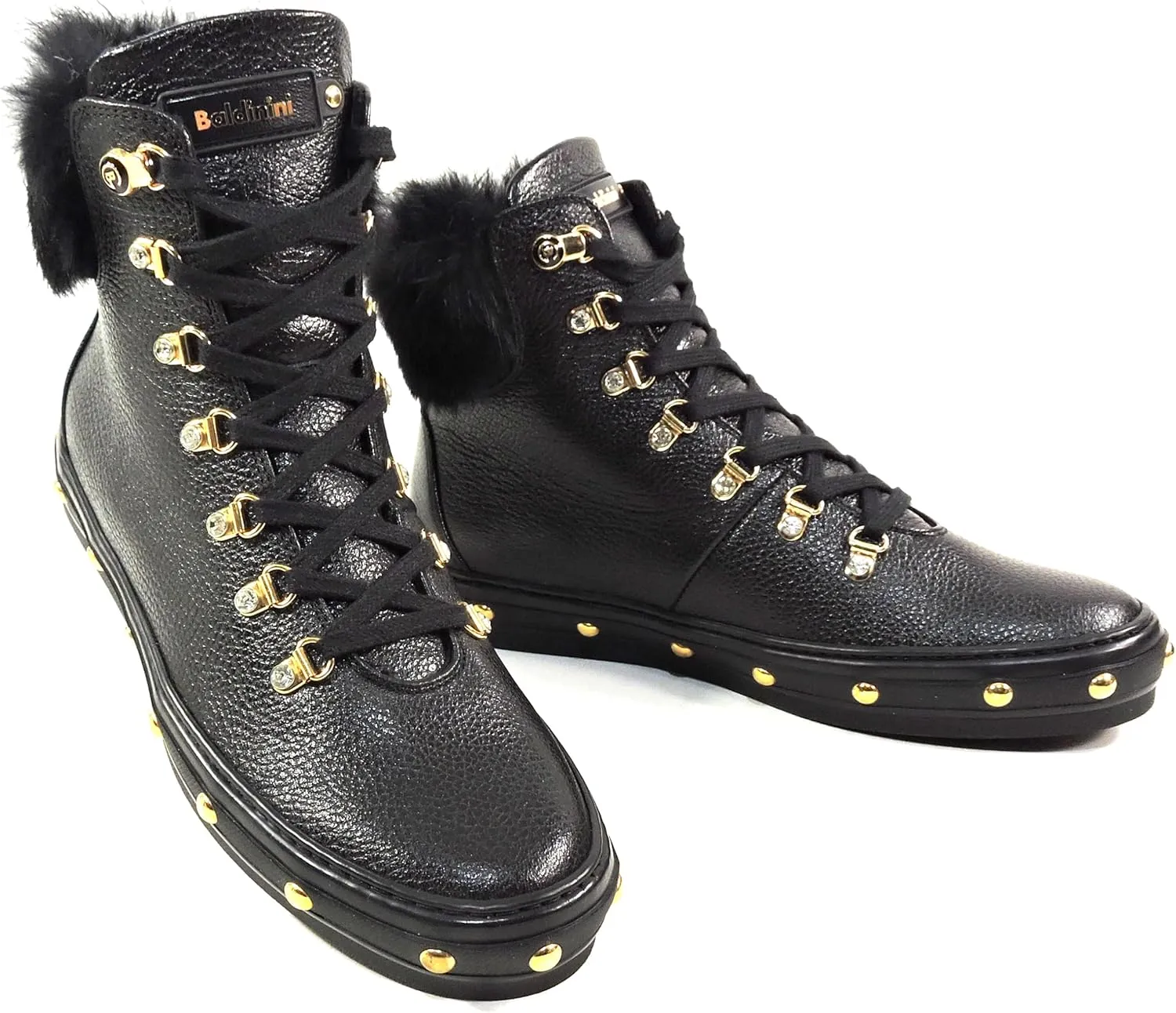Baldinini Women's Black Leather Winter Boots, Fur Trim, Gold Studs, Lace-up Comfort Booties 39 EU
