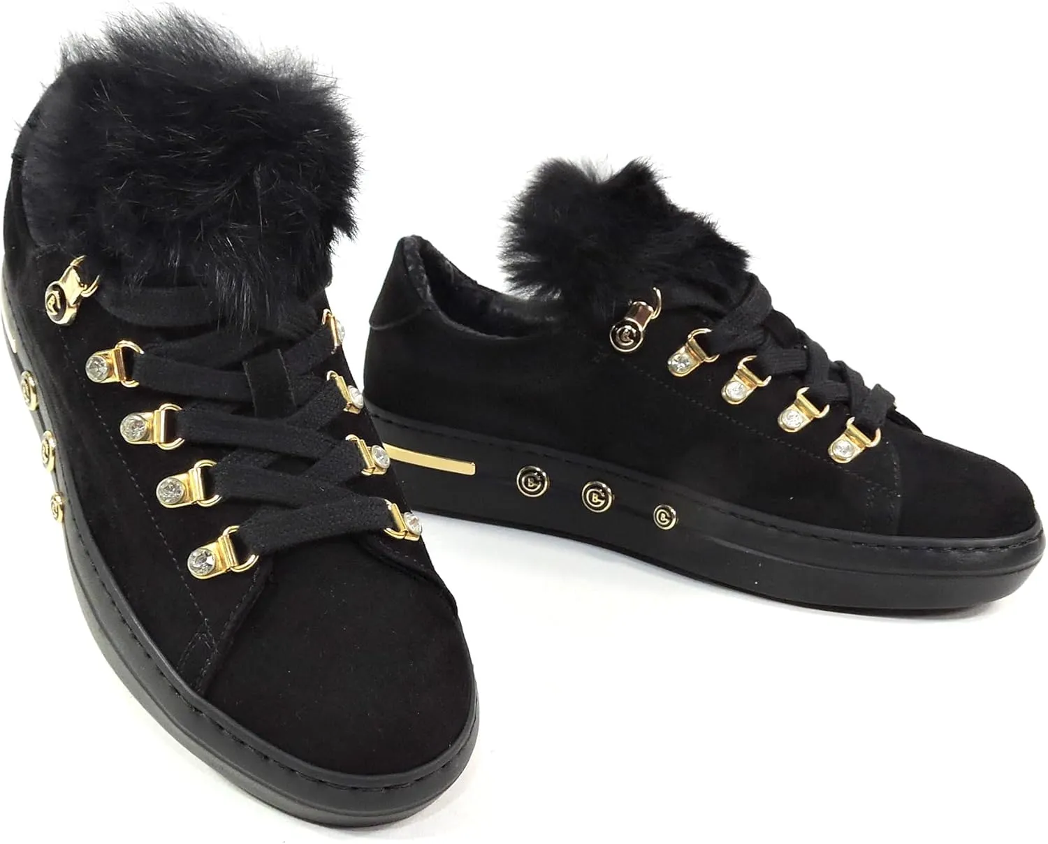 Baldinini Women's Suede Sneakers, Black with Fur Trim, Gold Hardware, Crystal Accents