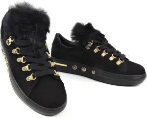 Baldinini Women's Suede Sneakers, Black with Fur Trim, Gold Hardware, Crystal Accents