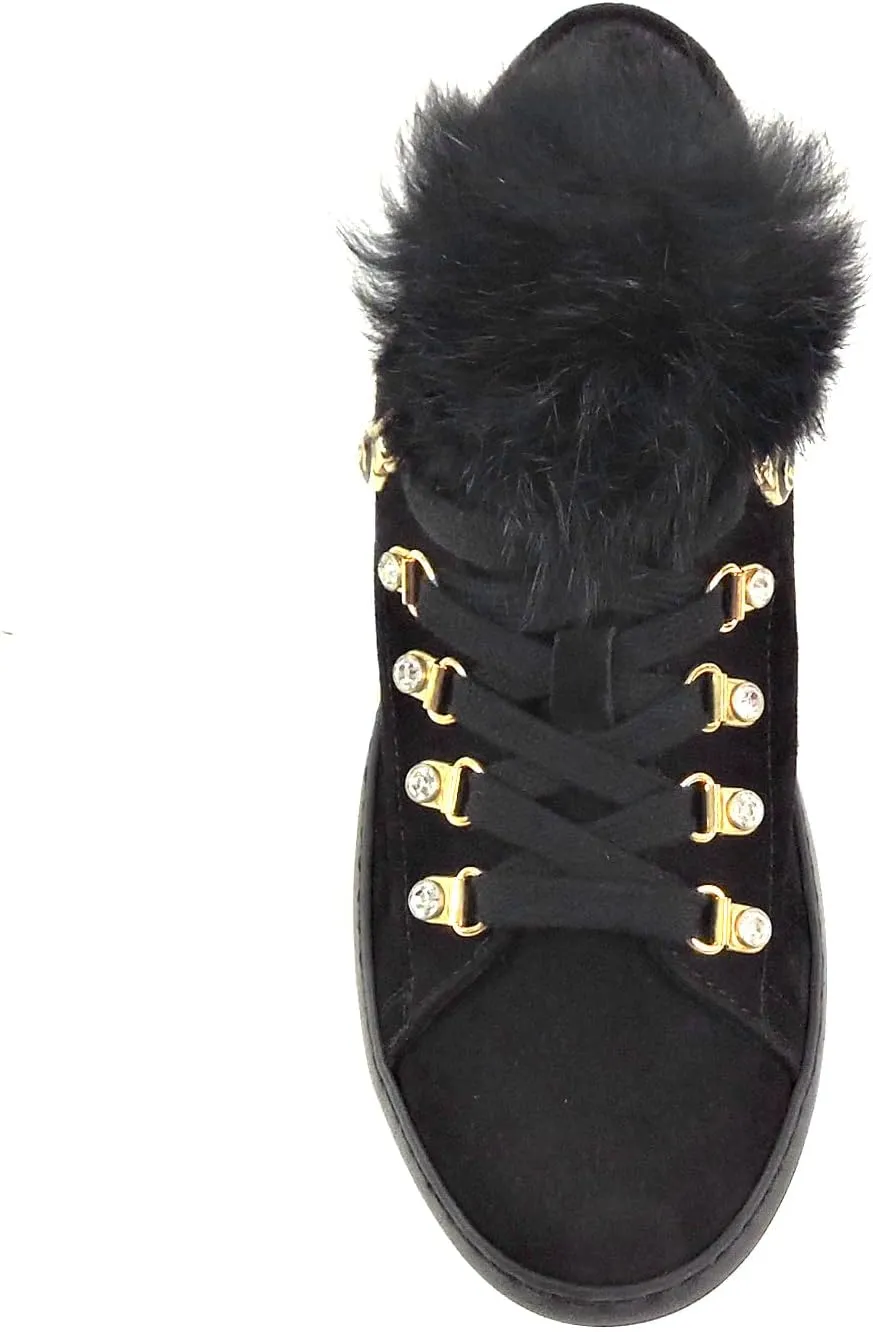 Baldinini Women's Suede Sneakers, Black with Fur Trim, Gold Hardware, Crystal Accents
