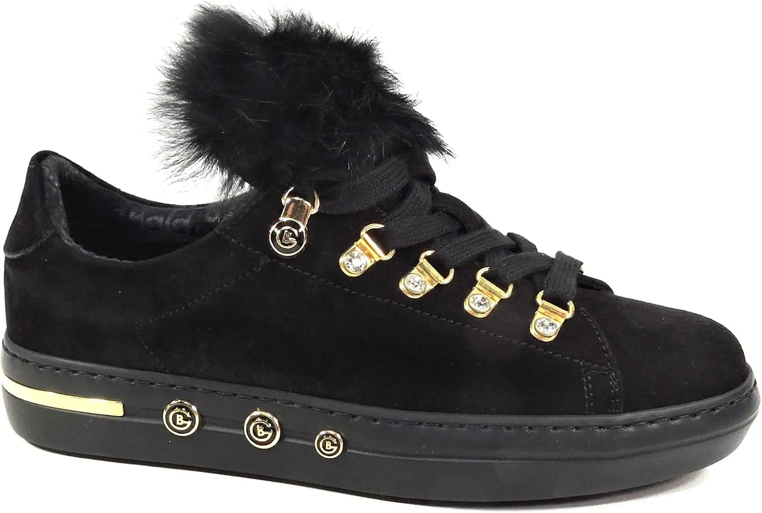 Baldinini Women's Suede Sneakers, Black with Fur Trim, Gold Hardware, Crystal Accents