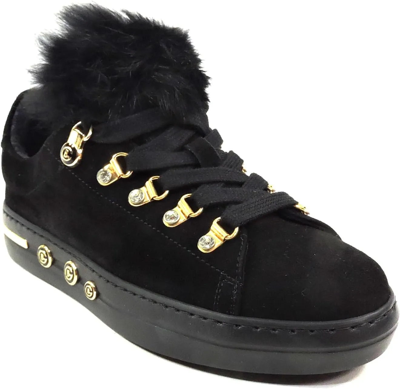 Baldinini Women's Suede Sneakers, Black with Fur Trim, Gold Hardware, Crystal Accents