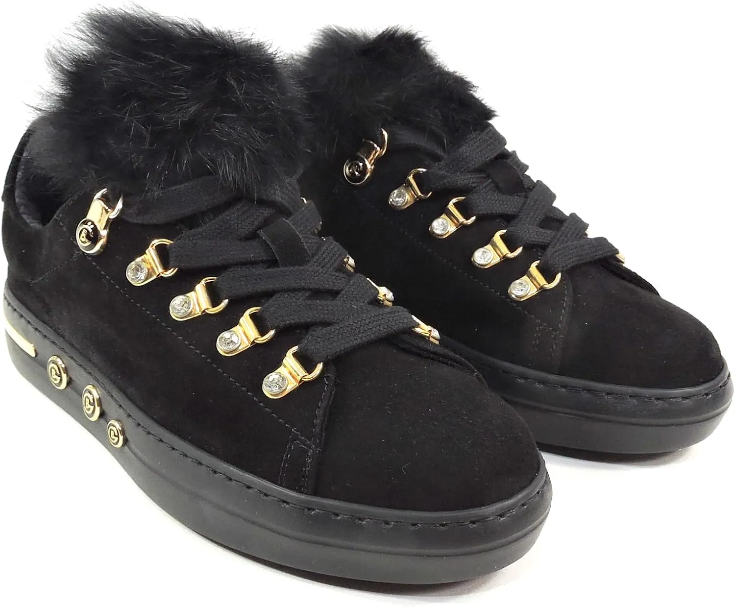 Baldinini Women's Suede Sneakers, Black with Fur Trim, Gold Hardware, Crystal Accents