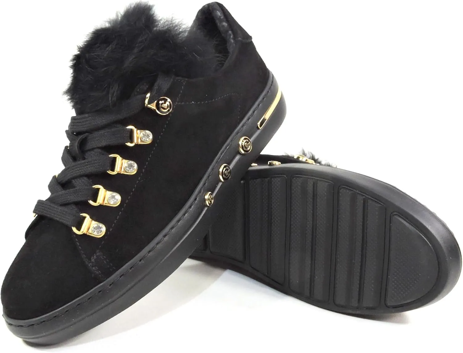 Baldinini Women's Suede Sneakers, Black with Fur Trim, Gold Hardware, Crystal Accents