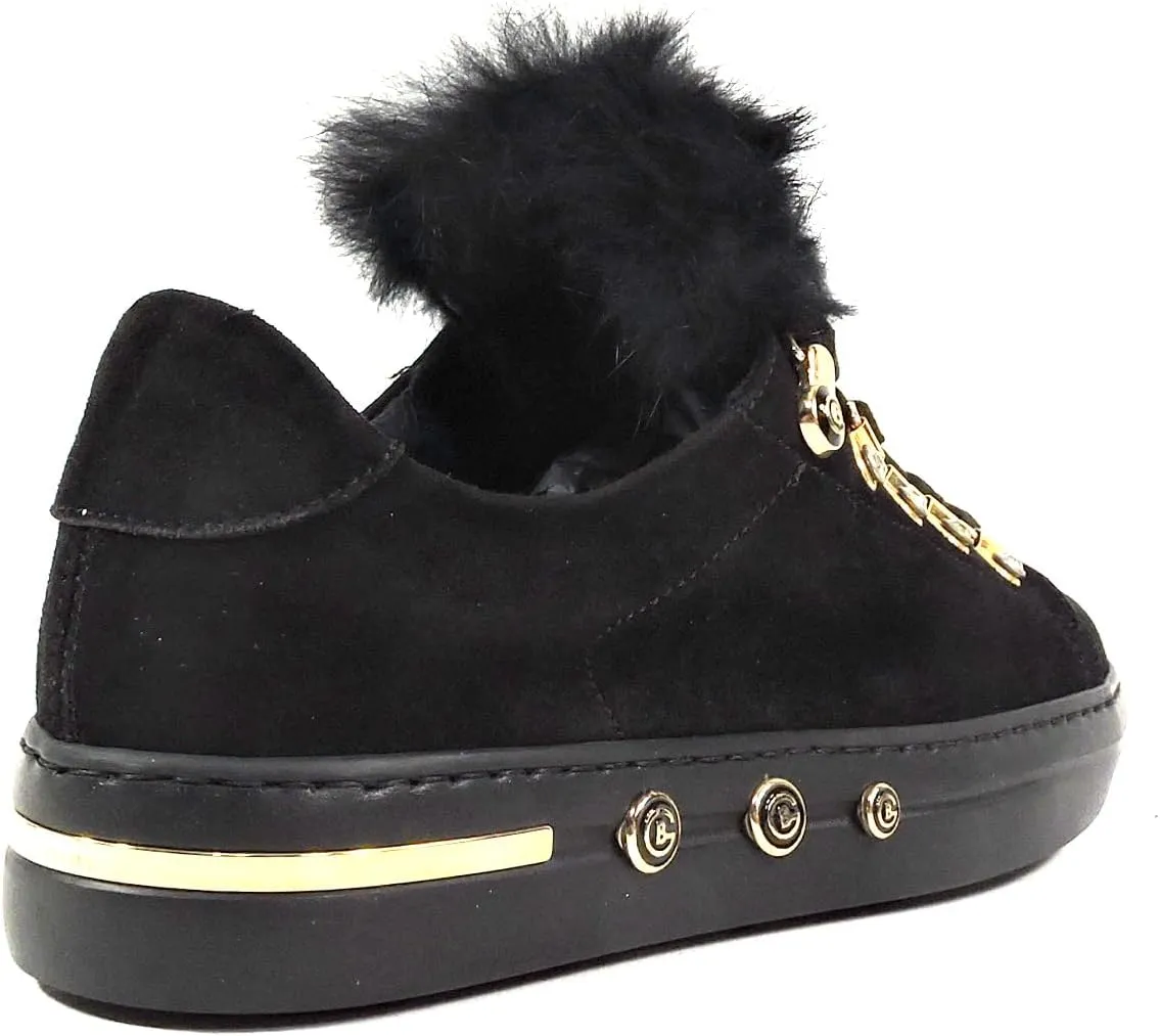 Baldinini Women's Suede Sneakers, Black with Fur Trim, Gold Hardware, Crystal Accents