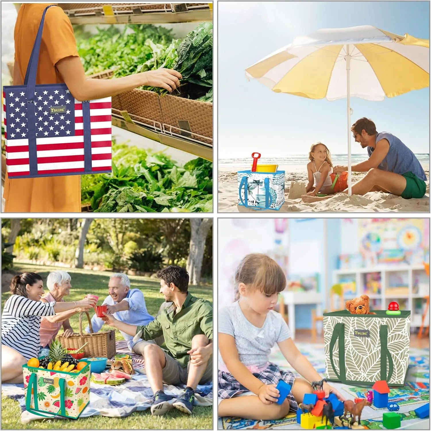 BALEINE 3Pk Reusable Grocery Bags, Foldable Shopping Bags for Groceries with Reinforced Bottom & Handles (Frost Abies)