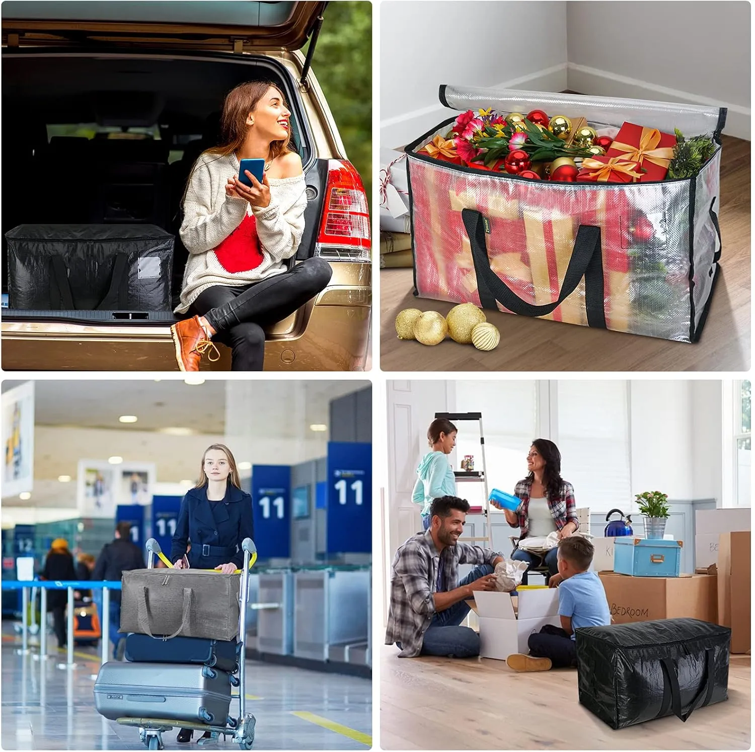 BALEINE 4-Pack Oversized Moving Bags with Reinforced Handles, Heavy-Duty Storage Tote for Clothes, Moving Supplies (Winter Grey, 4-Pack)