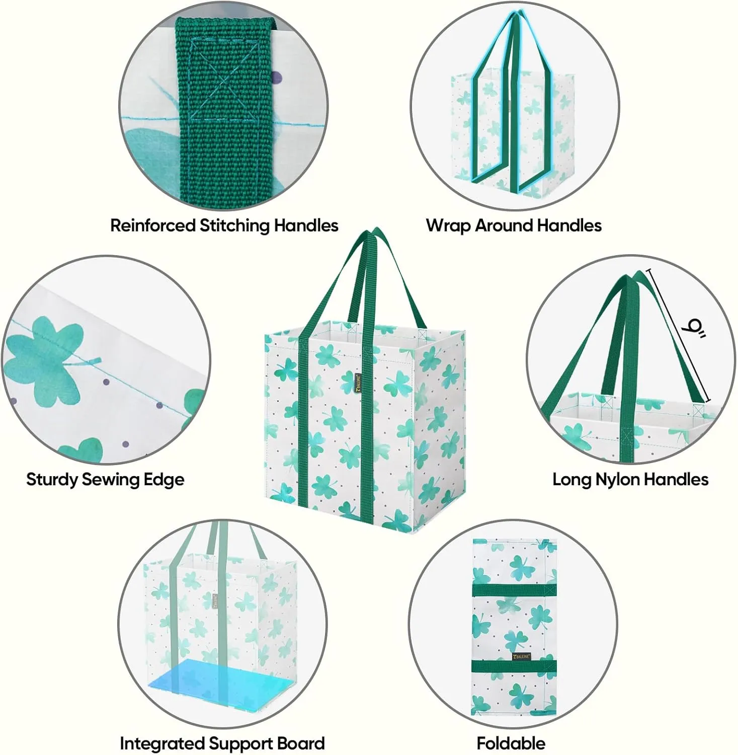 BALEINE 4 PK Grocery Bags Reusable Shopping Bags with Reinforced Bottom, Heavy Duty Foldable Tote Bags (Clover)