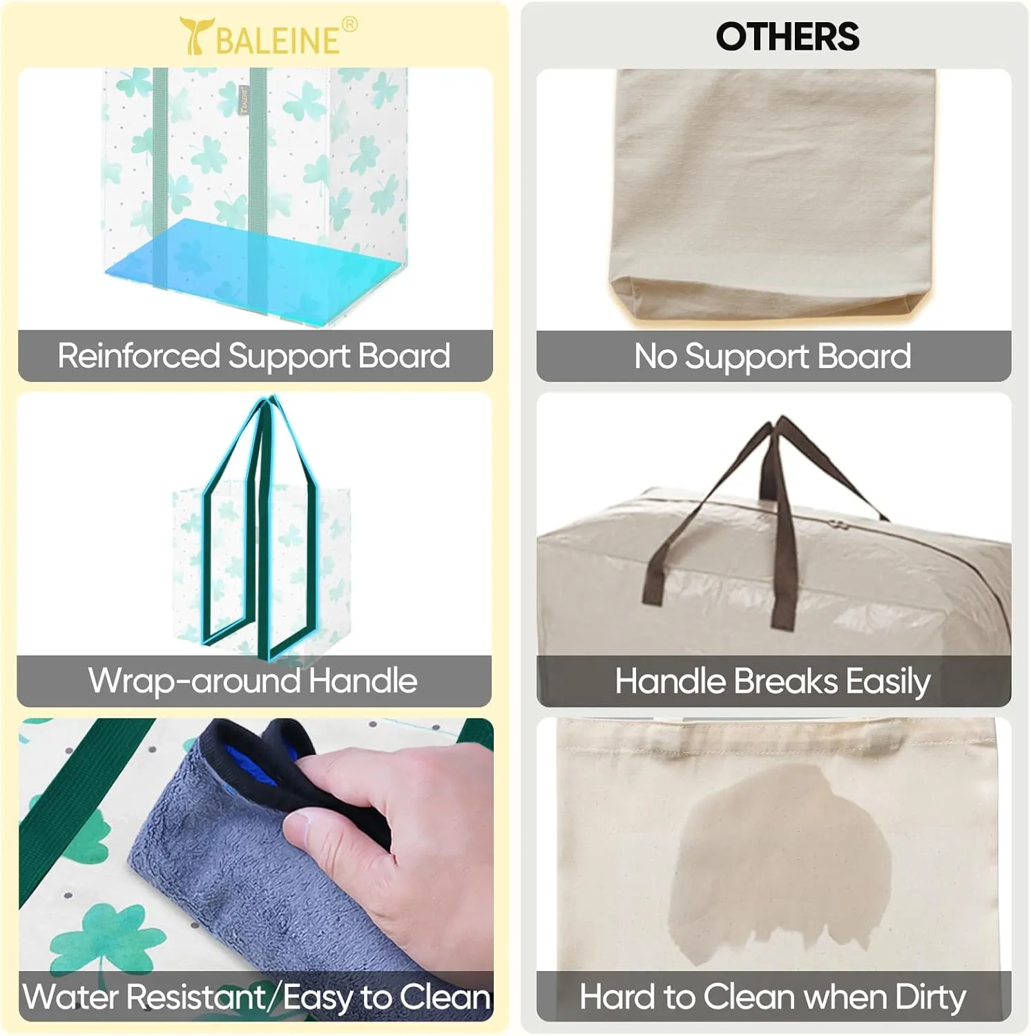 BALEINE 4 PK Grocery Bags Reusable Shopping Bags with Reinforced Bottom, Heavy Duty Foldable Tote Bags (Clover)