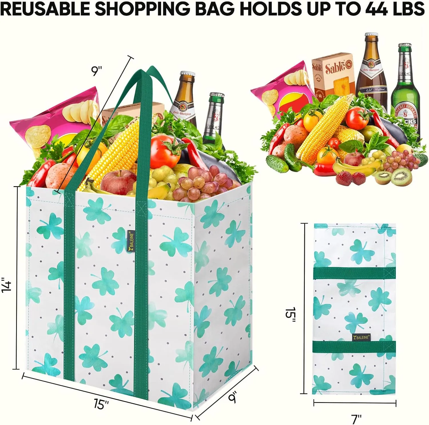 BALEINE 4 PK Grocery Bags Reusable Shopping Bags with Reinforced Bottom, Heavy Duty Foldable Tote Bags (Clover)